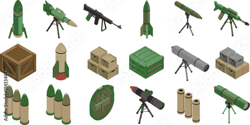 Military missile icons, artillery weapon set, rocket launchers and ammunition crates, tactical explosives collection, modern warfare equipment, isometric vector illustration pack