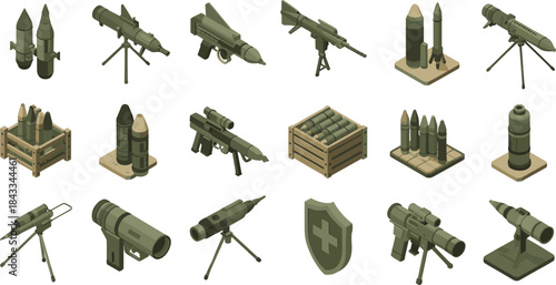 Military missile icons, artillery weapon set, rocket launchers and ammunition crates, tactical explosives collection, modern warfare equipment, isometric vector illustration pack