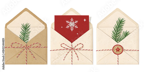 Realistic Christmas Envelopes, Cream Kraft White Festive Greeting Cards, Semi-Realistic Vector Illustration