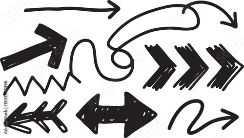 A collection of various hand-drawn black arrows and pointers in different styles and directions, isolated on a white background.