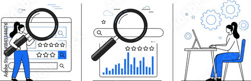 Online research and data analysis illustration, performance evaluation, technical configuration, black and white vector, digital decision-making and review concept