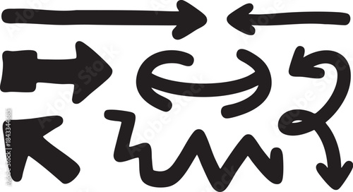 A diverse collection of hand-drawn black arrow illustrations, featuring various styles like straight, curved, wavy, and double-headed designs on a white background.