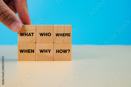 Wallpaper Mural Wooden blocks arranged with the words What, Who, Where, When, Why, and How, representing problem-solving, critical thinking, brainstorming, inquiry, and decision-making concepts. Torontodigital.ca