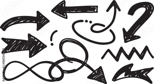 Collection of hand-drawn sketchy black arrows and various directional doodle elements on a white background, illustrating different paths and movements.