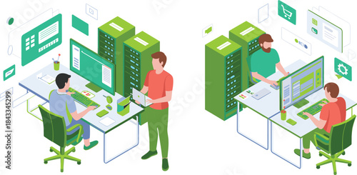 Modern data center teamwork, IT professionals managing servers, cloud computing operations, network security monitoring, collaborative tech workspace, digital infrastructure management illustration