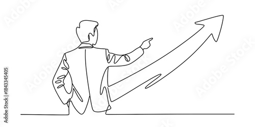 A continuous line art depiction of a businessman pointing towards an upward trending arrow Vector, illustration