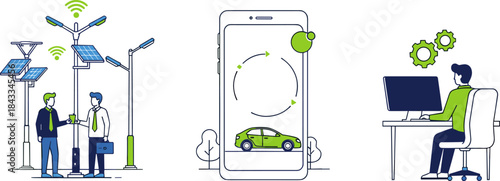 Smart city and sustainability illustration, solar-powered street lights, electric vehicle app, green tech workspace, black and white vector, modern innovation concept