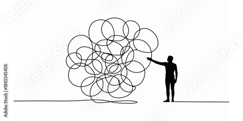 Silhouette of a person standing next to a chaotic and confusing web of tangled lines Vector, illustration