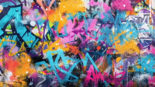 A wall is covered in colorful graffiti with different designs. Spray paint in bright colors covers the surface. The artwork has multiple layers and styles showing creativity and urban culture.