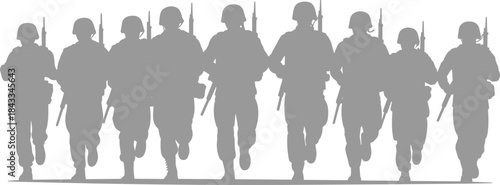Silhouette of marching soldiers in formation with rifles, representing military unity, discipline, and readiness for combat or parade.
