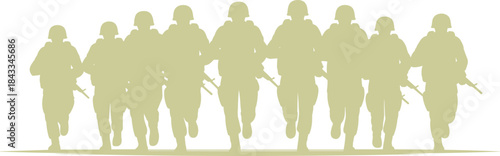 Silhouette of running soldiers in formation with rifles, symbolizing military action, urgency, teamwork, and battlefield readiness for combat.