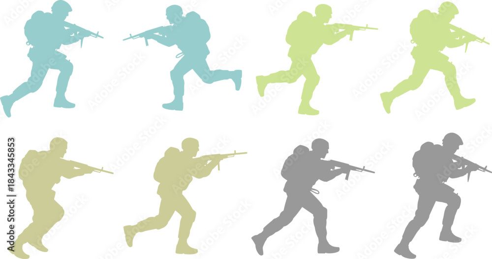 Naklejka premium Soldier silhouettes running with rifles, military troop movement illustration, tactical infantry poses, combat action graphic, army operation silhouette set