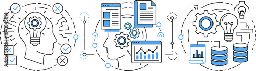 AI and decision-making illustration, cognitive computing, data processing, innovation and analytics, black and white vector, modern technology concept