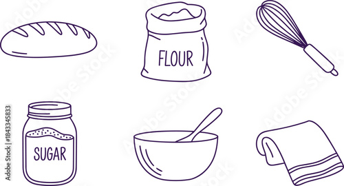 Simple line art illustration of baking ingredients and kitchen tools including bread, flour bag, sugar jar, whisk, bowl and cloth