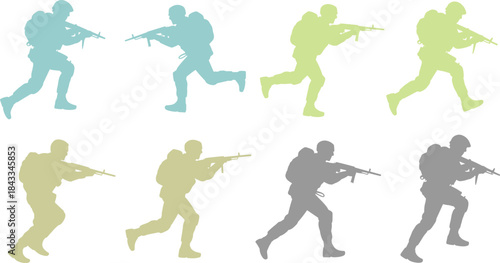 Soldier silhouettes running with rifles, military troop movement illustration, tactical infantry poses, combat action graphic, army operation silhouette set