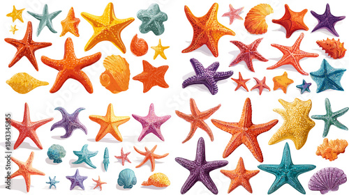 Colorful starfish and seashell illustration set featuring ocean themed shapes, textures, and bright coastal tones, perfect for beach decor, summer graphics, marine patterns, and seaside artwork.
