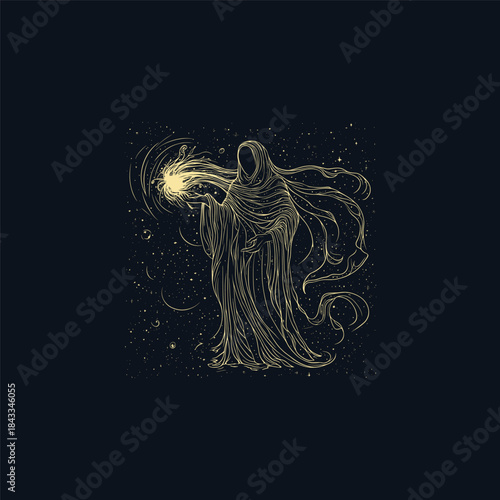 Mystical and ethereal line art illustration of a cloaked, faceless figure holding a glowing orb of light and energy in a starry night sky