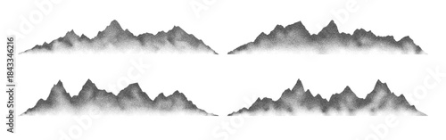 Grain noise stippled mountain range ridges terrain texture landscape vector illustration set. Grunge pointillism mountain range stipple landscape halftone effect shape sand texture collection.