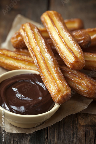 Churros dusted with sugar with chocolate dip sauce, traditional dessert generated.AI