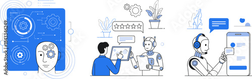 Artificial intelligence illustration, human-computer interaction, robot communication, machine learning concept, black and white vector, modern technology and feedback design