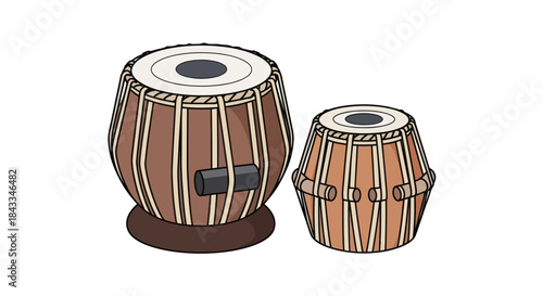 Two Indian Tabla Drums One Larger Than The Other With Traditional Design.