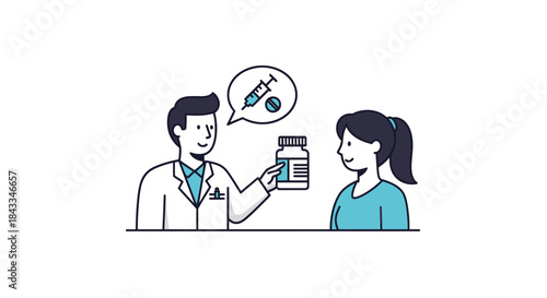 Doctor holding medication bottle and discussing treatment with patient.