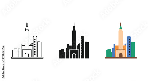 City skyline icons in various styles and colors