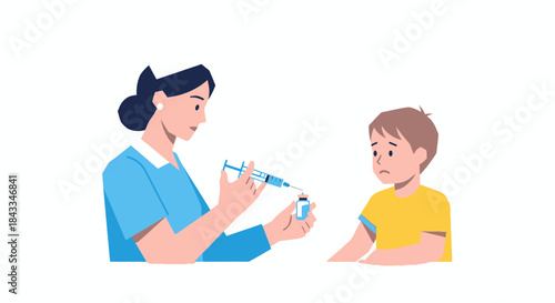 Female nurse in uniform preparing a syringe for a hesitant young boy.