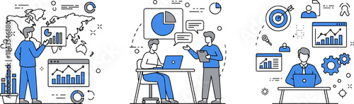 Business intelligence illustration, global data analysis, collaborative review, strategic planning, black and white vector, performance tracking and analytics concept