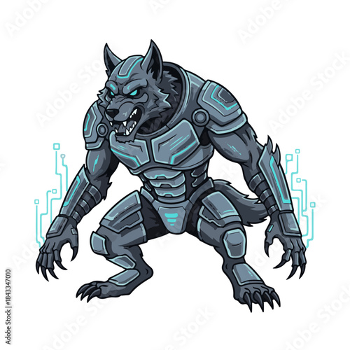 Cyber Werewolf in Futuristic Armor with Glowing Circuits