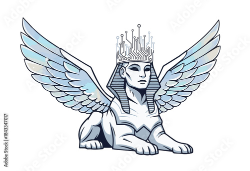 Digital Sphinx with Circuit Board Crown and Wings
