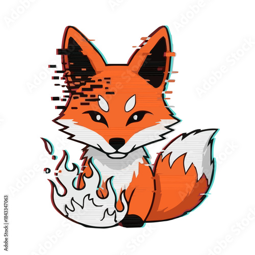 Glitch Art Fox with Fire Illustration
