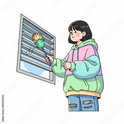 Young woman diligently dusts a window vent, embodying the spirit of a fresh and clean home environment