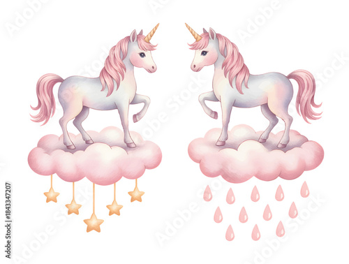 Watercolor unicorns on dreamy clouds for kids’ birthday art. Cute cloud top Unicorn clipart for children’s party invitations.
