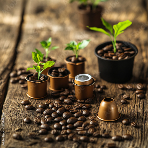 Close up of coffee capsules and beans on wooden table generated.AI