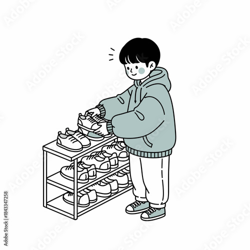 Cheerful young boy diligently organizing his footwear, placing sneakers on a multi-level shoe rack