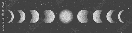 Moon phase illustrations feature stipple noise effect, displaying crescent, half, and full lunar shapes in flat vector style with nocturnal sky texture.