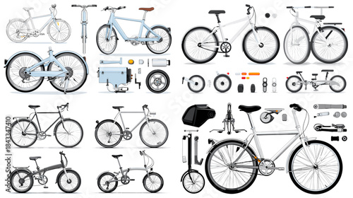 Detailed bicycle illustration set featuring bikes, wheels, chains, pedals, and mechanical components, ideal for repair guides, cycling graphics, technical manuals, and sports themed design.