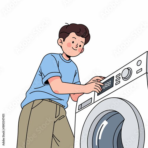 Smiling male character diligently doing laundry with an automatic washing machine at home
