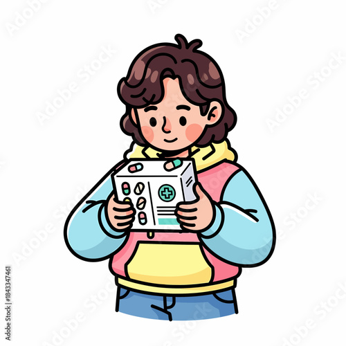 Person holding a box of medication with labels and symbols representing health and treatment