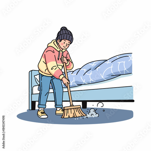 Young adult diligently sweeping up dust and debris from the floor in a tidy bedroom, maintaining a clean home environment