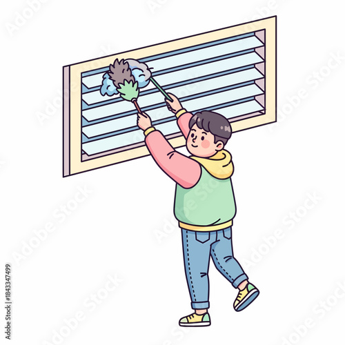 Person dusting window blinds with a duster during spring cleaning or household chores