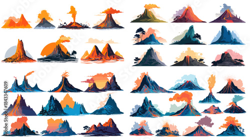 Dynamic volcano illustration set featuring erupting peaks, smoke clouds, lava flows, and dramatic landscapes, perfect for geology themes, educational graphics, adventure artwork, and nature design.