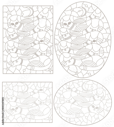 Set of contour illustrations in the style of stained glass with abstract cats, dark contours on a white background