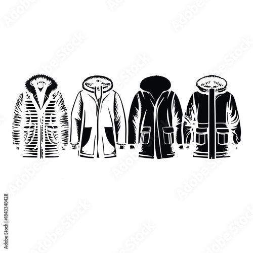 Illustration of a group of men and women standing in a row wearing stylish fashion clothing such as jackets dresses shirts t shirts pants and suits