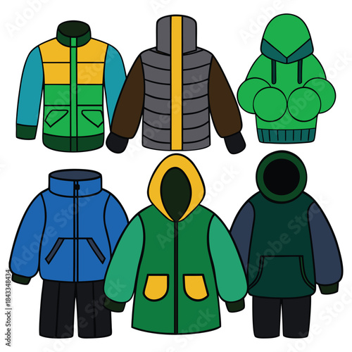 Men and women wearing stylish business and casual clothes including jackets, suits, shirts and trousers in a simple cartoon illustration