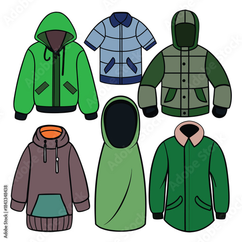 Men and women wearing stylish business and casual clothes including jackets, suits, shirts and trousers in a simple cartoon illustration