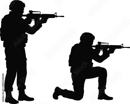 Military soldier silhouette aiming rifle, armed forces combat stance set, tactical warfare illustration isolated on white background for design use