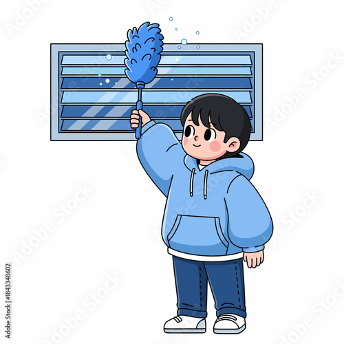 A Young Boy in a Blue Hoodie Cleaning a Window with a Blue Duster