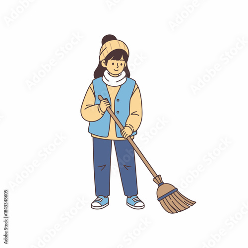 Young girl in warm winter attire diligently sweeping with a broom, depicted in a charming cartoon illustration